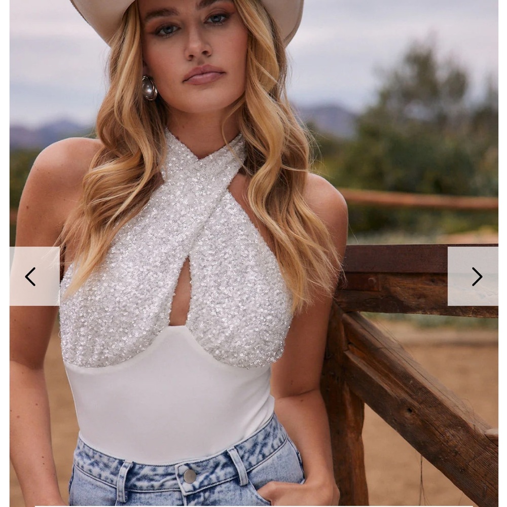 White Halter Bodysuit with Cut Out and Sequin Details
